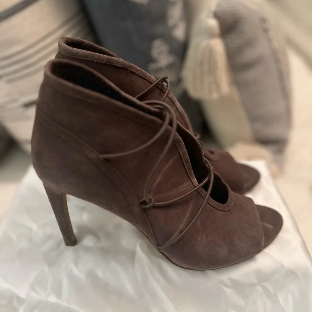 BCBG Suede Caged Open Toe Bootie